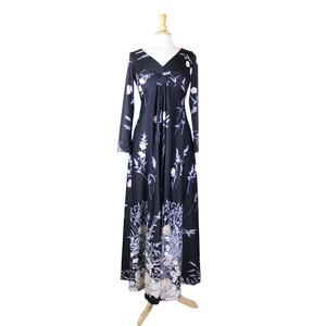 Vintage 70s empire maxi dress hippie polyester disco black v-neck floral sz M
